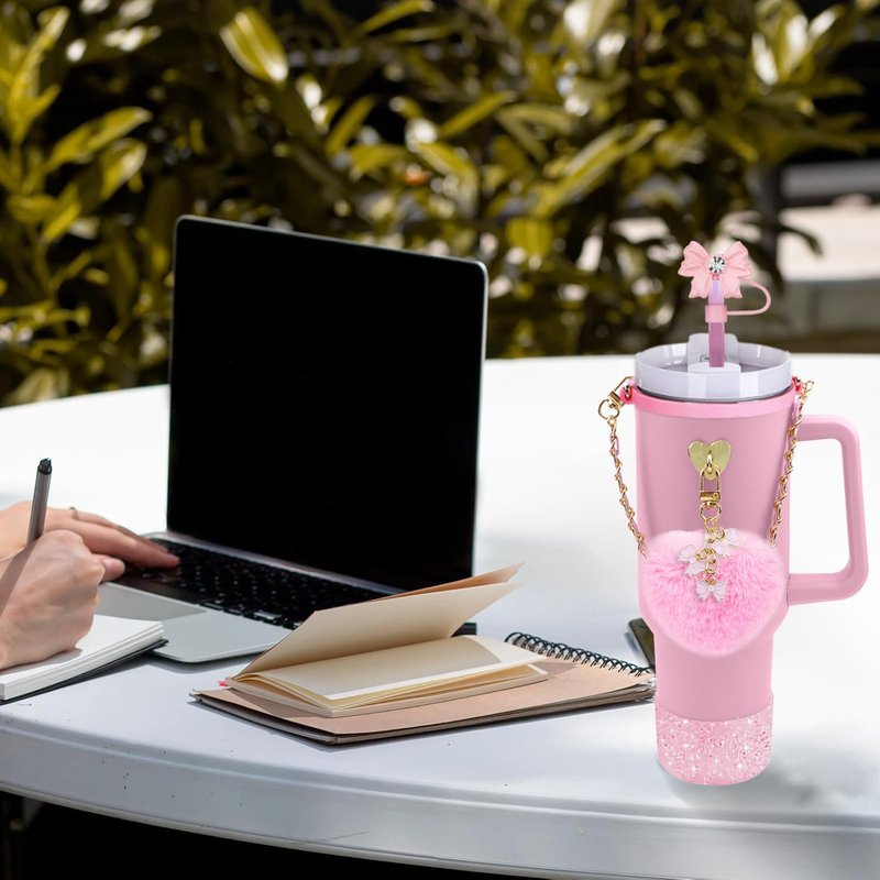 Stanley Cup Accessories for 40oz & 30oz Tumbler,include Bling Bowknot Straw Topper Cover Decoration, Heart Shape Pompom Ball,Leather Water Bottle Handle Strap,Shinning Stanley Cup Boot,Charms (Pink)