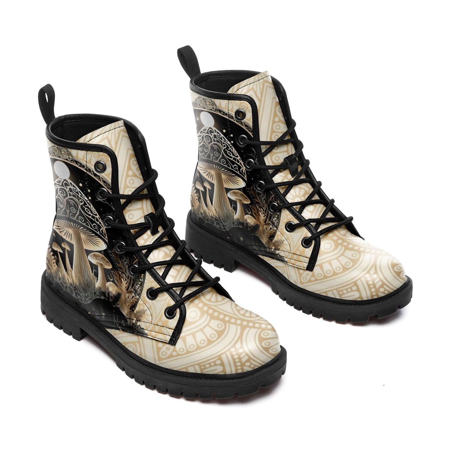 Women's Mid-Calf Combat Boots Leather Lace-Up Booties with Artistic Mushroom and Floral Patterns for Hiking,Daily Wear