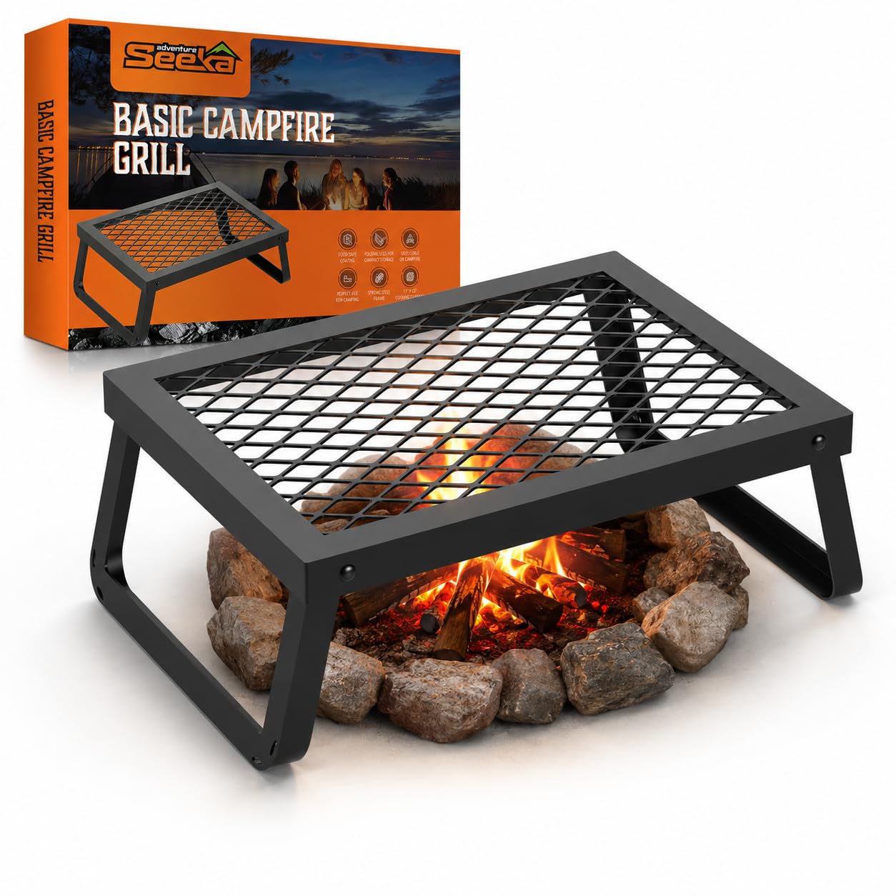 Adventure Seeka Folding Campfire Grill – Portable Over-Fire Grill with Food-Safe Coating, Heavy Duty Steel, Compact with Folding Legs - Camping, RV, Overlanding, Fire Pits