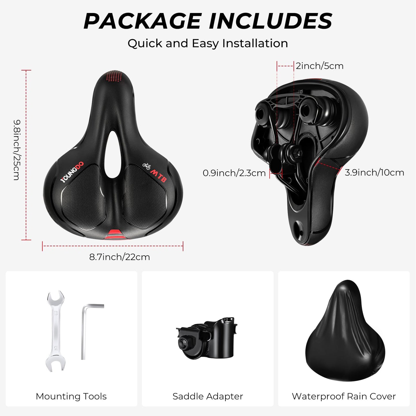 YOUNGDO Bike Seat - Comfortable Gel Foam Padded Leather, Wide Bike Saddle Cushion, Universal Fit, Shock Absorbing, for Women and Men