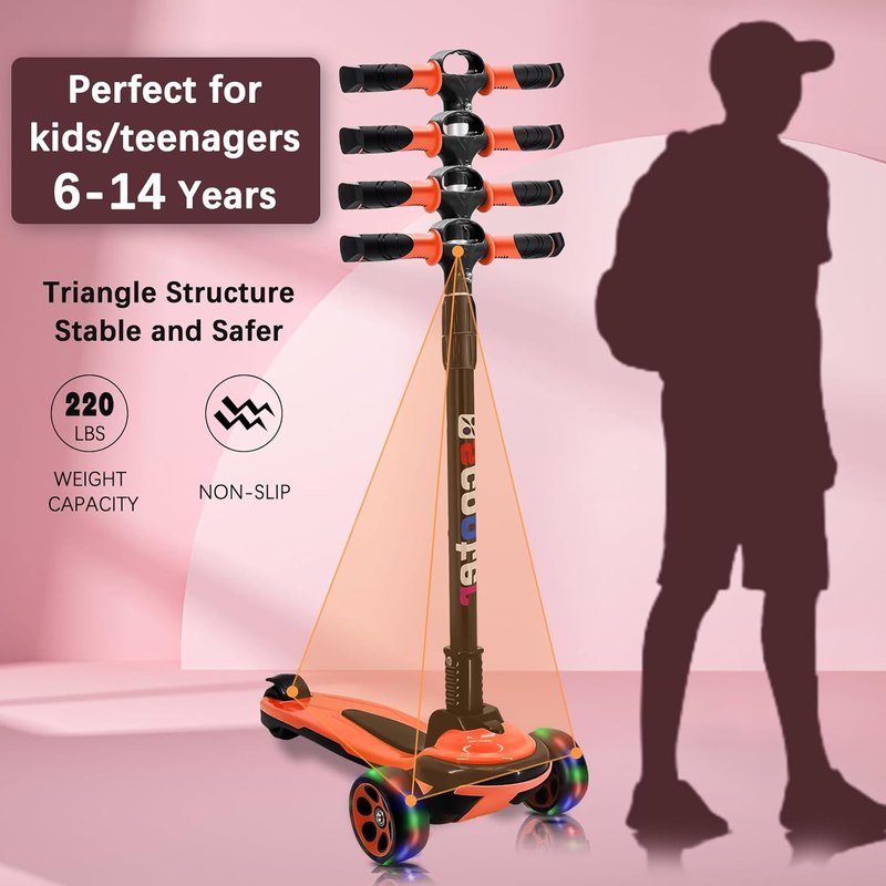 3-Wheel Kick Scooter for Kids & Teens | Extra Wide Deck, 4 Adjustable Heights, Foldable Handlebar, LED Lights