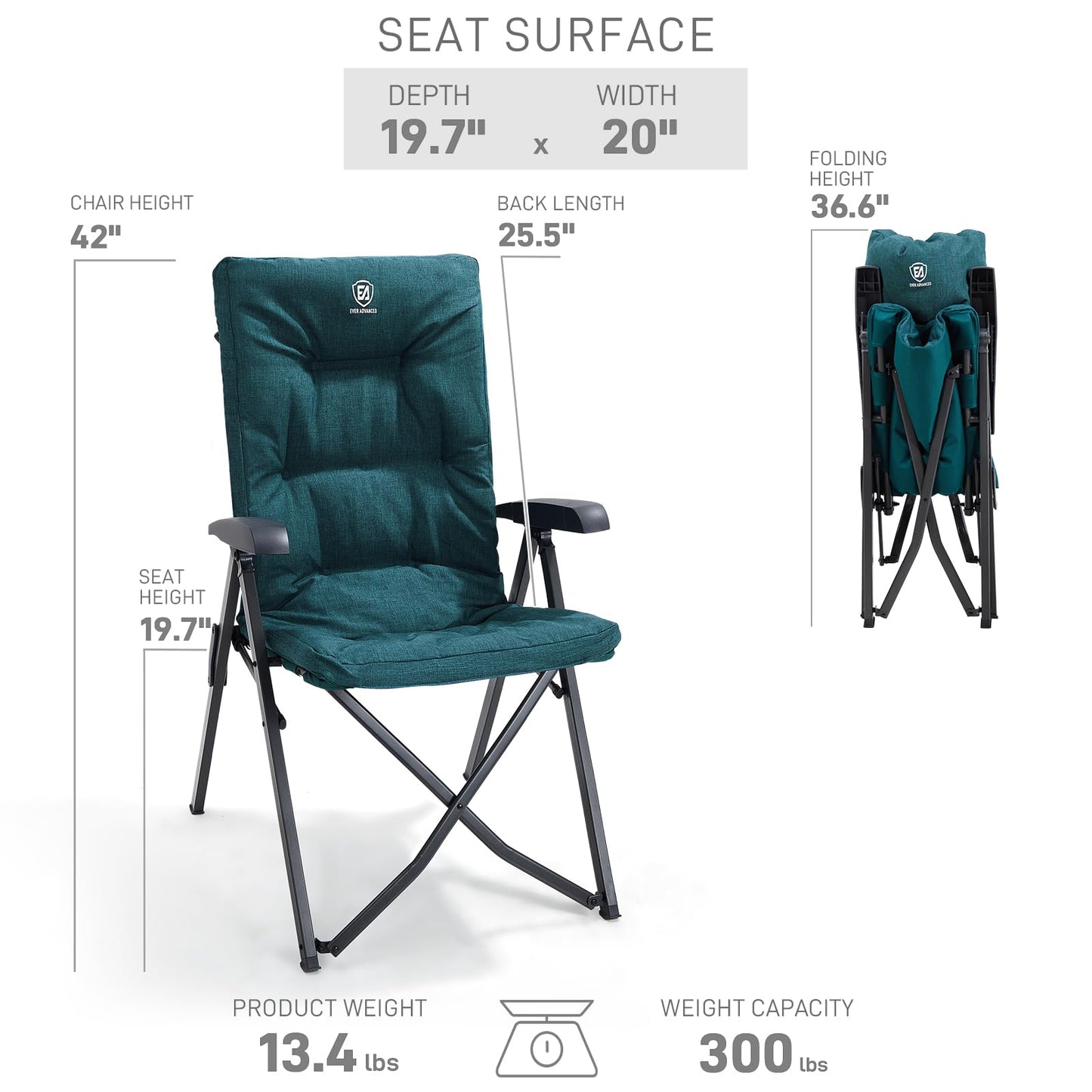 EVER ADVANCED Folding Camping Recliner Chair Fully Padded with Adjustable High Back Support Portable for Adults Patio Reclining Chair Green