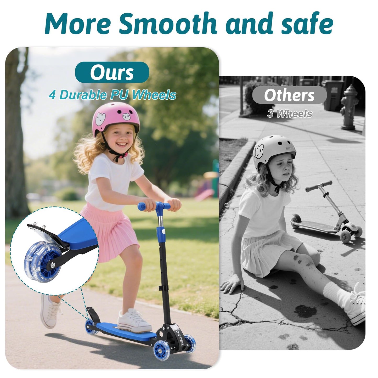3 Wheel Scooter for Kids Ages 3-12, Lean-to-Steer Kids Kick Scooter with LED Light-Up Wheels, 3 Adjustable Heights, Foldable Design, 6" Extra Wide Deck for Boys and Girls Toy Gift -Blue