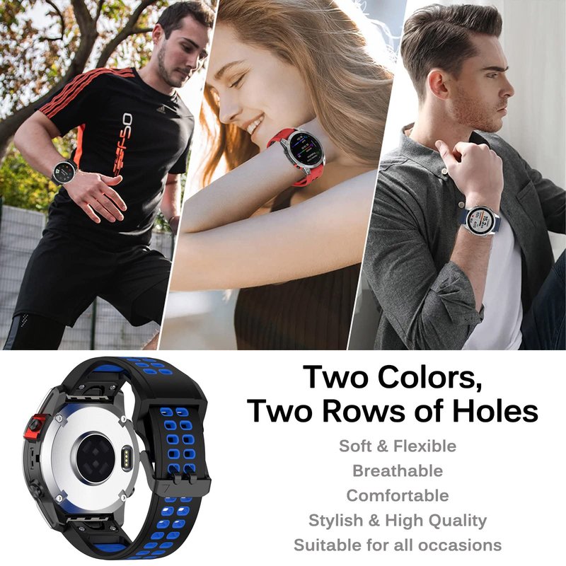 Miimall Compatible for Garmin Fenix 7X/6X/5X Bands, 26mm Width Soft Silicone Sport Waterproof Wristband Strap Band for Garmin Fenix 7X Solar/Fenix 6X/Fenix 5X Plus 26mm Quick-fit Band (Black, Blue)