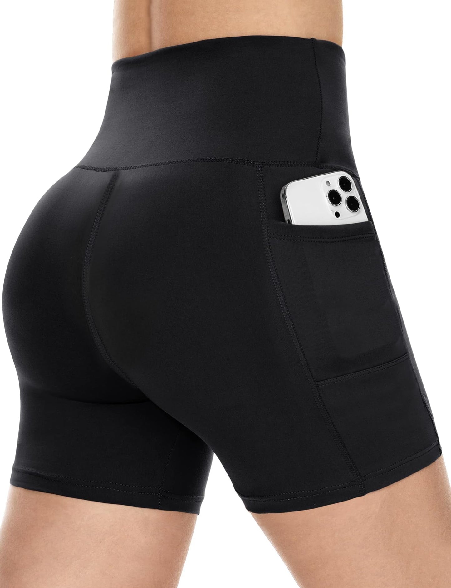 Buauty Biker Shorts Women with Pocket, 5 Inch High Waisted Pull-On Tummy Control Stretch Workout Yoga Shorts for Gym