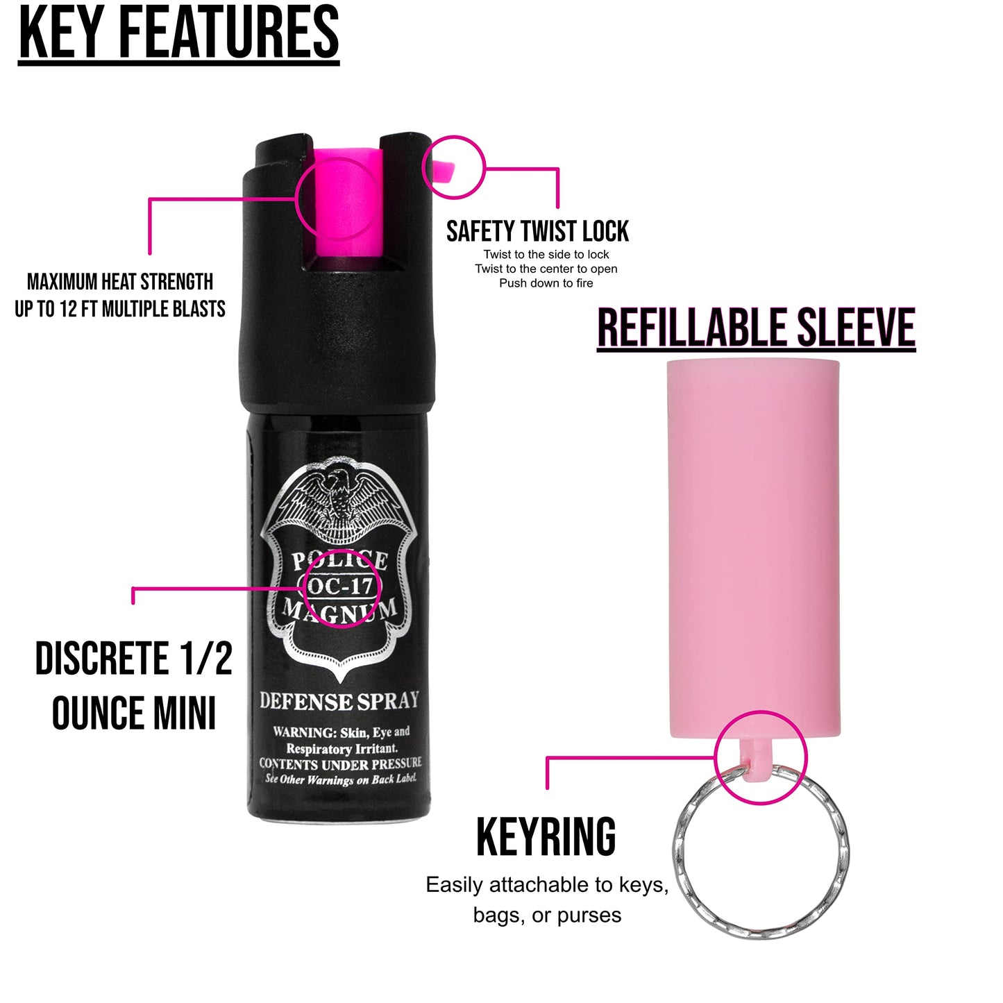 Police Magnum Mini Pepper Spray Self Defense Safety Tool- Strong Built-in Keyring Holder- Maximum Heat Strength OC- Made in The USA (1 Pack 1/2oz Pink Sleeve)