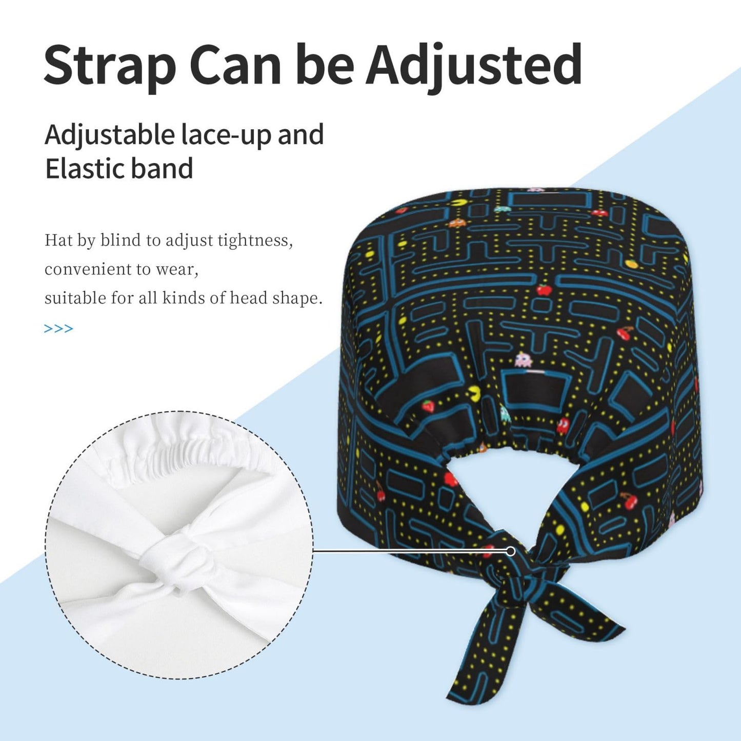 Retro Video Game Pattern Working Cap Scrub Cap with Sweatband,Adjustable Fashion Elastic Bandage Tie Back Hat Headwear Printed for Women Men
