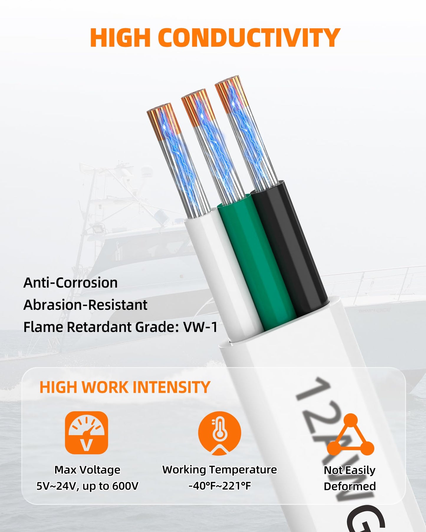 CONEPY 12 Gauge Marine Wire, 12/3 Triplex Marine Grade Cable, IP68 Waterproof/Oxygen-Free Tinned Copper Stranded PVC 12 AWG Wire for Boat, Automotive, RV, Solar, LED Strips (50FT)