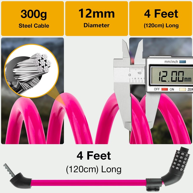 E Scooter Lock，Bike Lock 12mm Thick Bike Lock Cable High Security 5 Digit Resettable Combination Lock 4 Feet Bicycle Lock for Xiaomi M365/Pro2/Max/Ninebot/F Essential Scooter/Bicycle/Motor