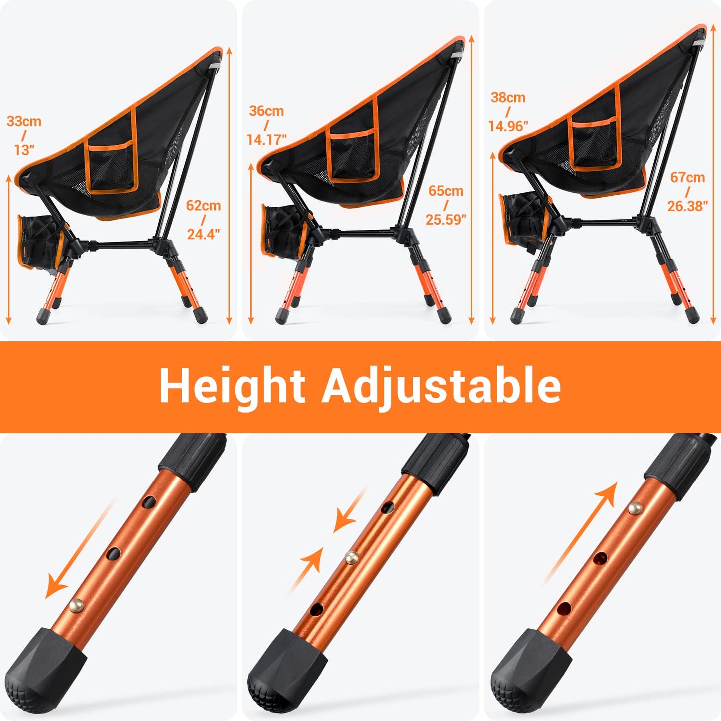 Sportneer Camping Chairs, Folding Chairs for Outside Adjustable Height Beach Chair for Adults Portable Camp Chairs Foldable Compact Backpacking Chair for Camping Hiking Picnic Outdoor (2, Orange)