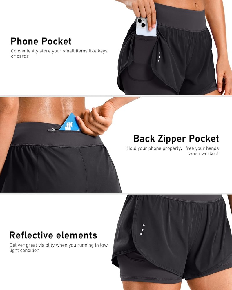 Women's Running Shorts - 2 in 1 High-Waisted Athletic Gym Shorts with Zipper Pocket | Spandex Yoga Wear