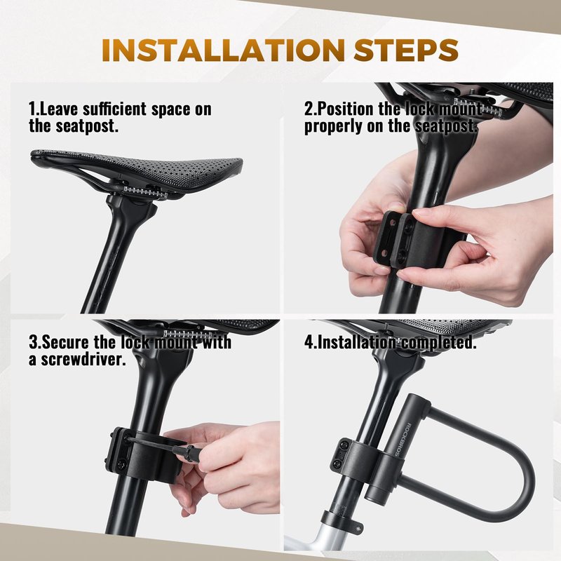 ROCKBROS U Lock Bike U Lock with Cable Heavy Duty Anti Theft Bike Lock U-Lock 4 ft Cable with Keys & Sturdy Mounting Bracket for Road, Mountain, Electric