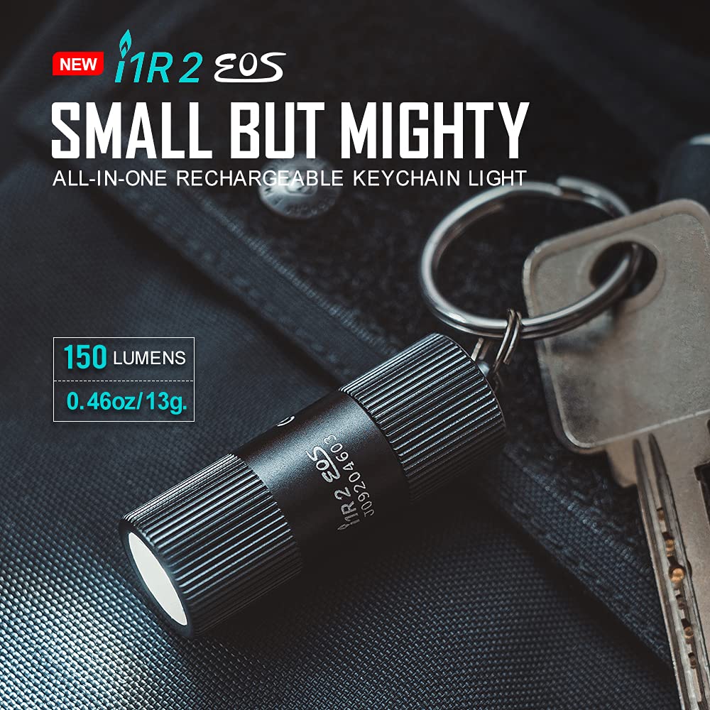 OLIGHT i1R 2 EOS 150 Lumens Tiny Rechargeable Keychain Flashlight EDC Mini LED Keyring Light with Built-in Battery for Camping Hiking Dog Walking etc (Black)