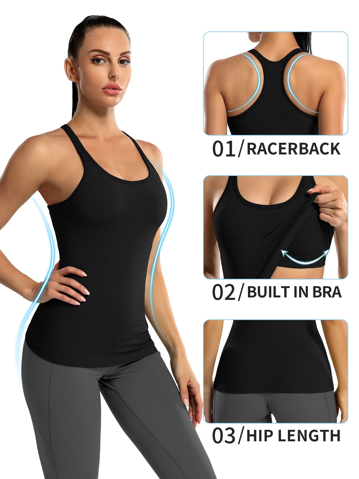 ATTRACO Womens Ribbed Workout Tank Tops Tight Fitted Seamless Racer Back Fitness Shirt Black