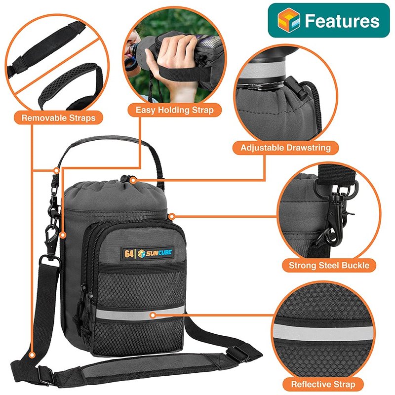SUN CUBE Water Bottle Carrier with Strap, Insulated Water Bottle Carrier Bag with Phone Pocket Pouch, Sleeve Sling Purse Crossbody Bottle Holder for Walking, Sports, Hiking Accessories, Gray 64oz