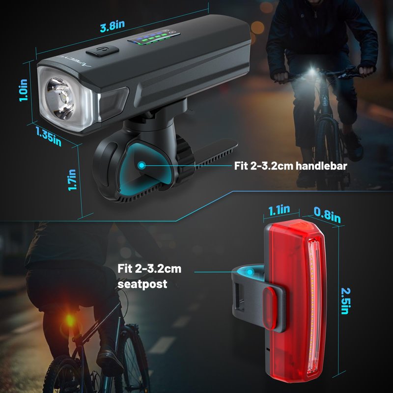 APECYC Bike Lights USB-C Rechargeable Bicycle Front Headlight and Rear Taillight with 4+5 Light Modes, Waterproof Bike Light Set for Night Riding, Commuter, Road & Mountain Cycling
