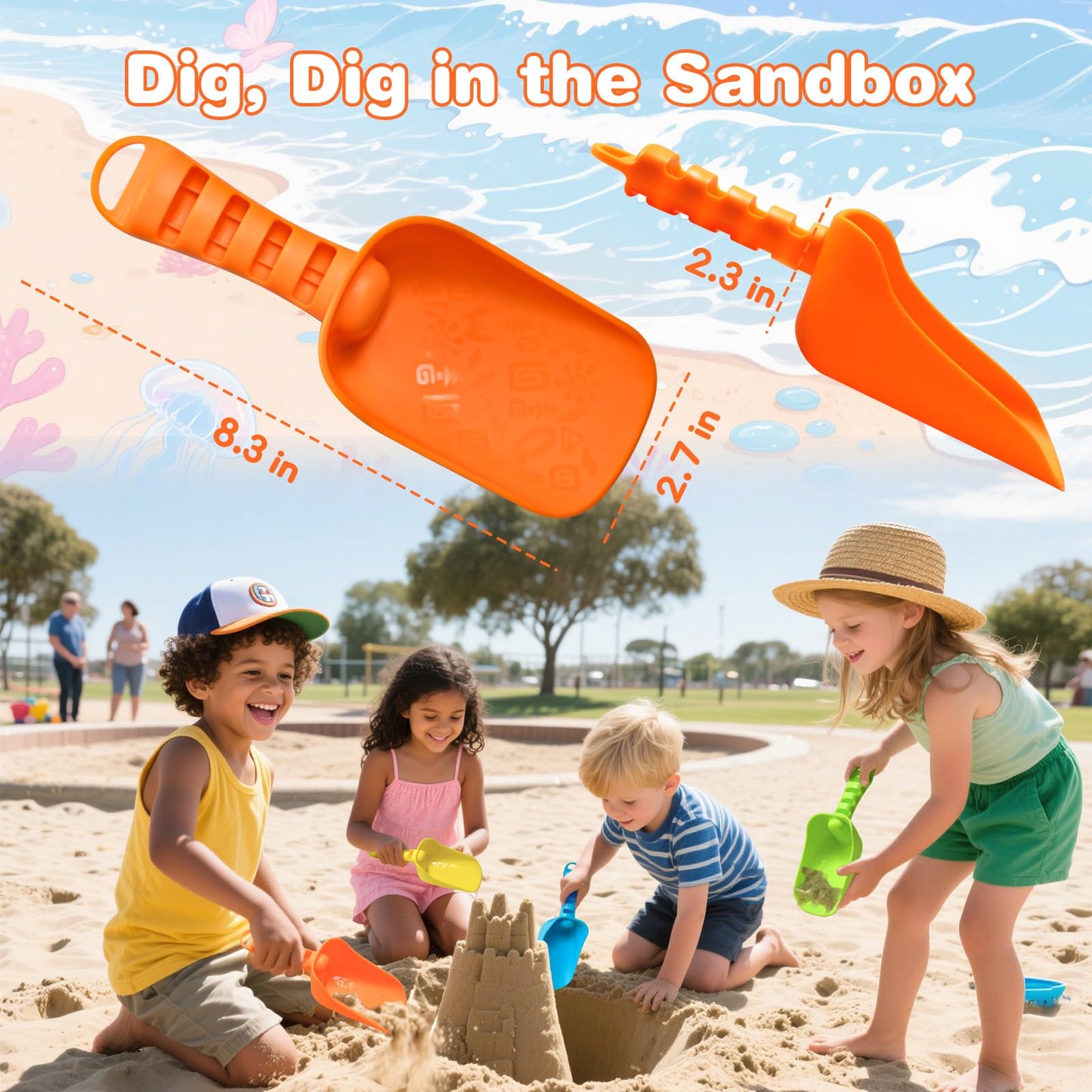 QINGLER Sand Beach Shovels for Kids Heavy Duty Plastic Scoops Toy 4 Pack