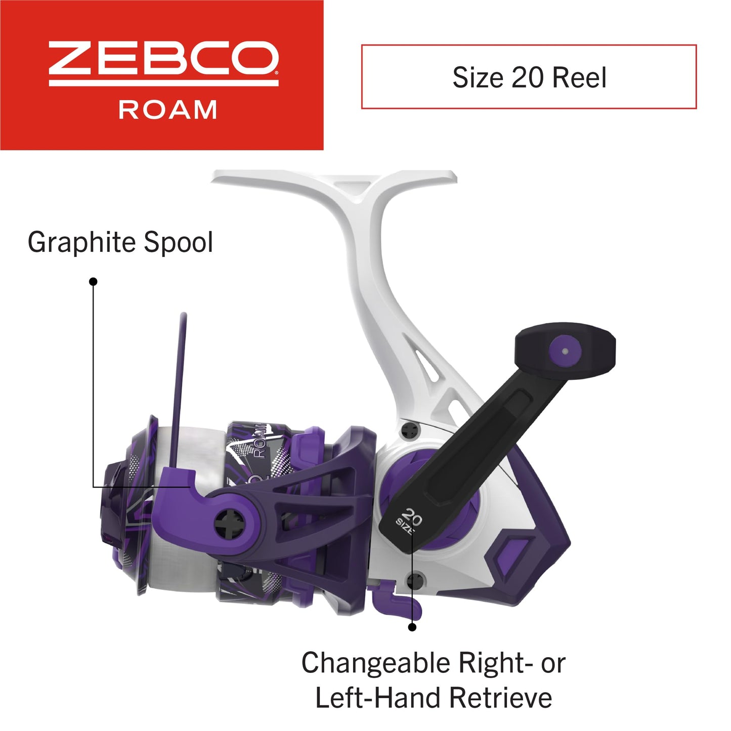 Zebco Roam Spinning Reel and Fishing Rod Combo, 6-Foot 2-Piece Fiberglass Rod, Split ComfortGrip Handle, Size 20 Reel, Reversible Retrieve, Purple
