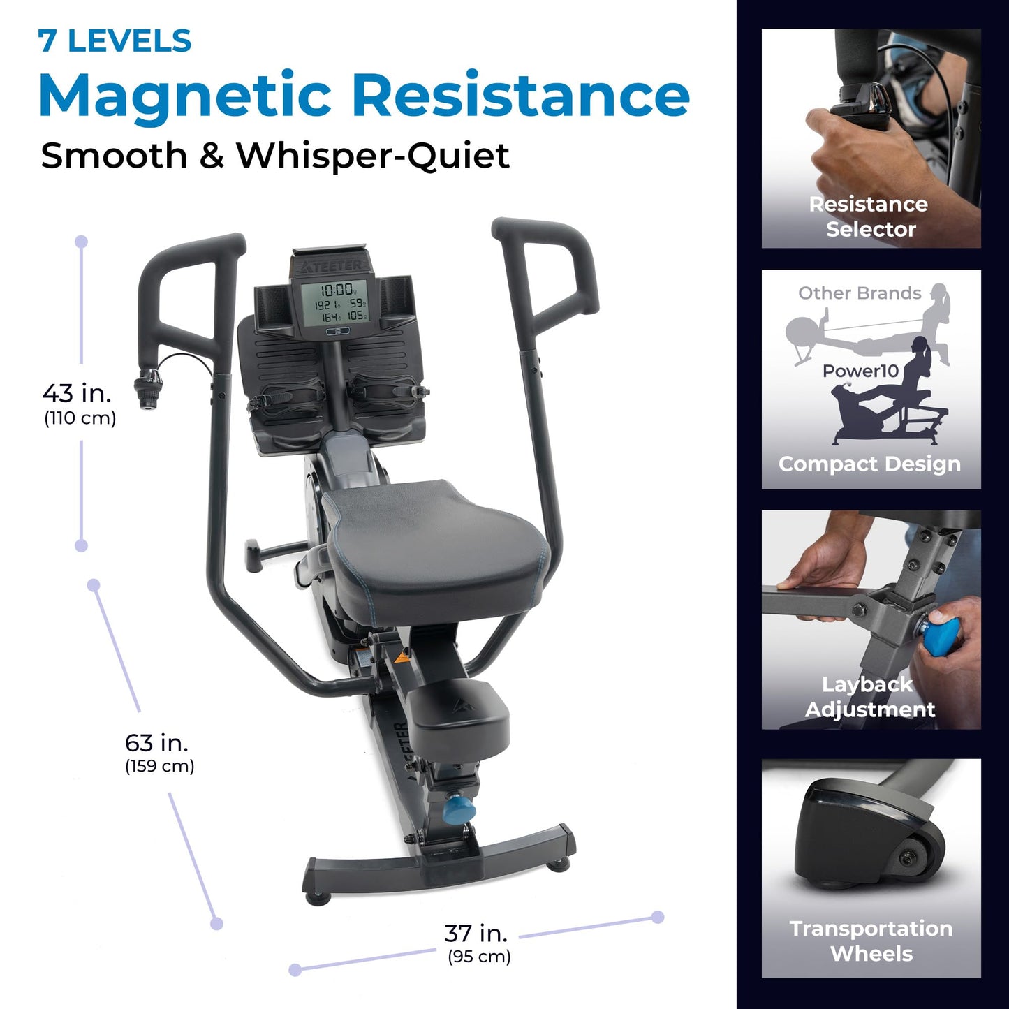 Teeter Power10 Rower with 2-Way Magnetic Resistance Elliptical Motion - Indoor Rowing Machine w/Bluetooth HRM Connectivity, Teeter Move App - Free Classes & Coaching (Power10 Max)