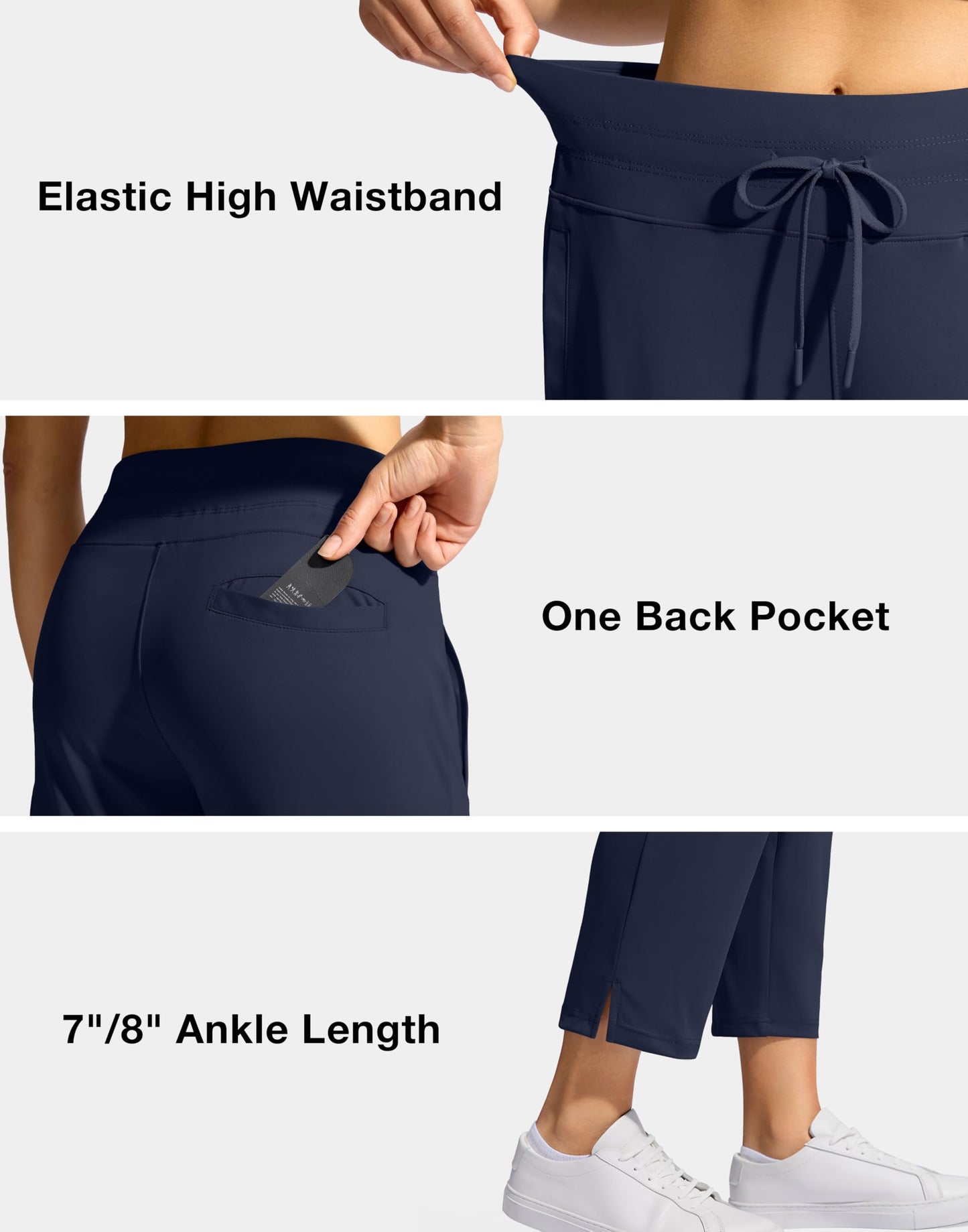 YYV Women's Pants with 3 Pockets High Waisted Golf Athletic Pants 7/8 Stretch Ankle Pants for Women Workout Travel Casual(Navy Medium)