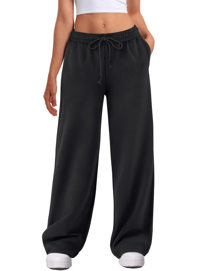 ATHMILE Women's Wide Leg Sweatpants High Waisted Baggy Interior Drawstring Joggers Straight Leg Sweat Pants with Pockets Black