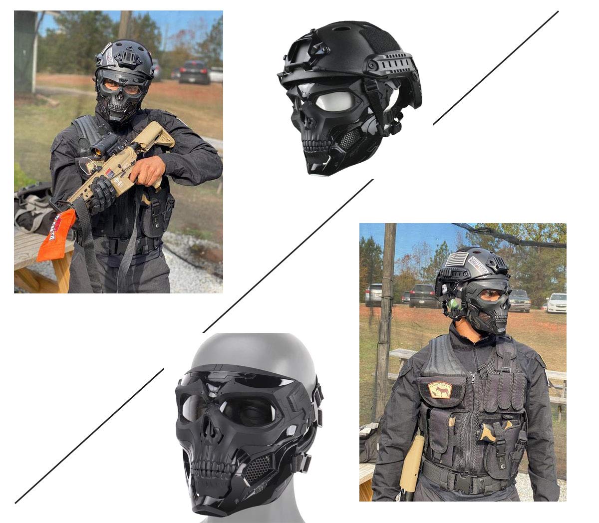 JFFCESTORE Tactical Mask and Fast Helmet,Protective Full Face Clear Goggle Skull mask, Adjustable Chin Strap Large Size for Adult (Mask+Helmet Black)