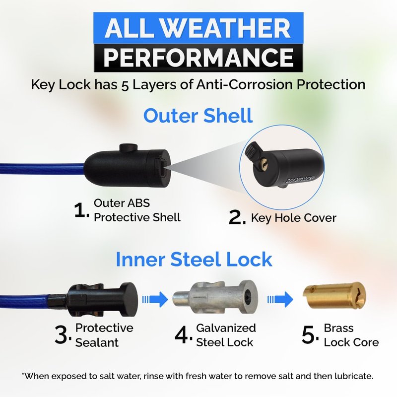 DocksLocks Weatherproof Security Cable Lock with Keys (5ft to 25ft Lengths) Anti-Theft for Kayak, Bike, Paddleboard, Scooter, Equipment, Bicycle 5ft
