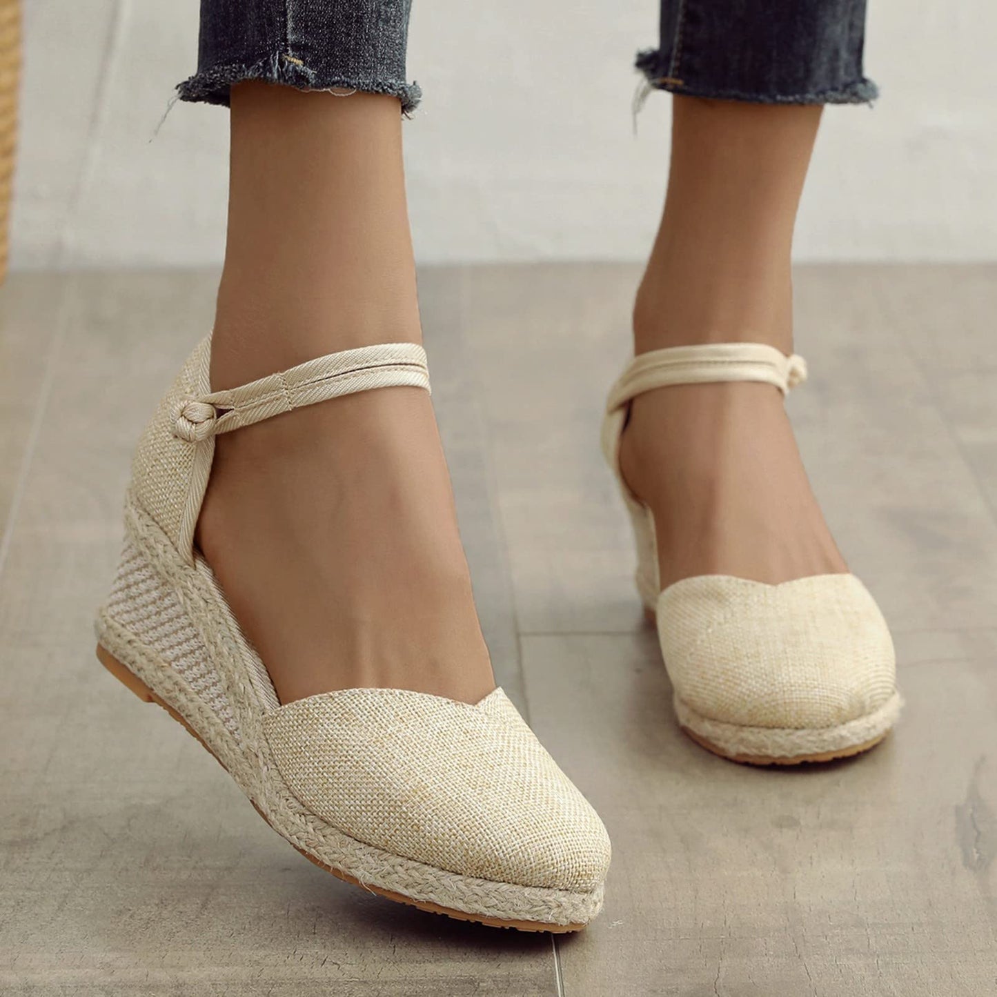 Shengsospp Women's Platform Espadrilles Casual Ankle Strap Wedge Sandals Open Toe Espadrille Wedge Sandals Dress Shoes Open Toe Beach Sandals 04-Beige, 7.5