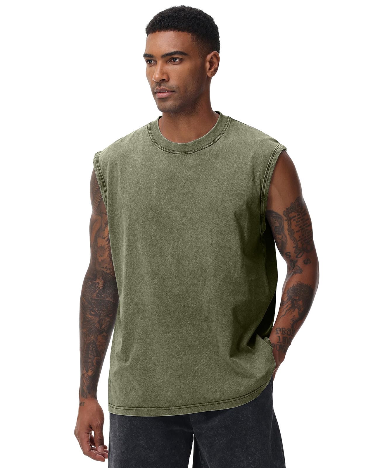 SnowElve 4 Pack Mens Workout Tank Tops Sleeveless Tee Shirts Men Muscle Shirt Gym Acid Wash T Shirts Running Beach Loose Fit Tee(BKAGCFBG,M)
