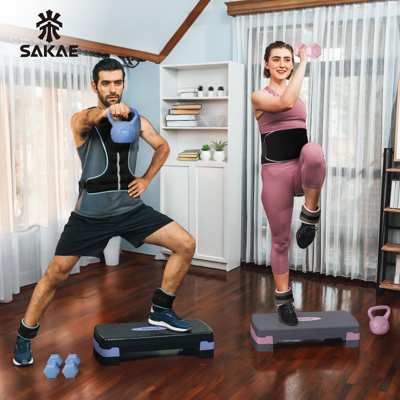 Black Exercise Step Platform Set with Kettlebell & Measuring Tape, Adjustable Height 2 Level Risers Workout Step Trainer, Aerobic Steppers for Home Gym Exercise Fitness Workout