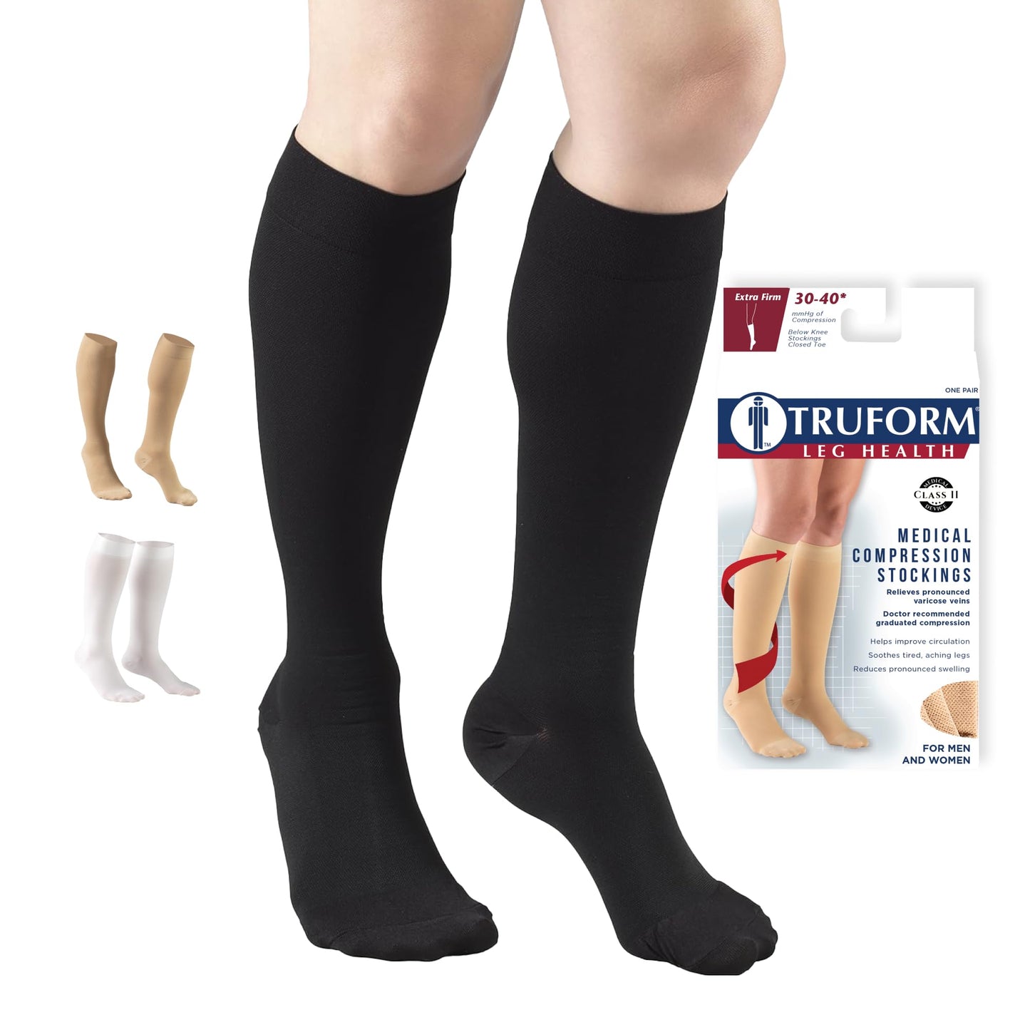 Truform 30-40 mmHg Compression Stockings for Men and Women, Knee High Length, Closed Toe, Black, Large