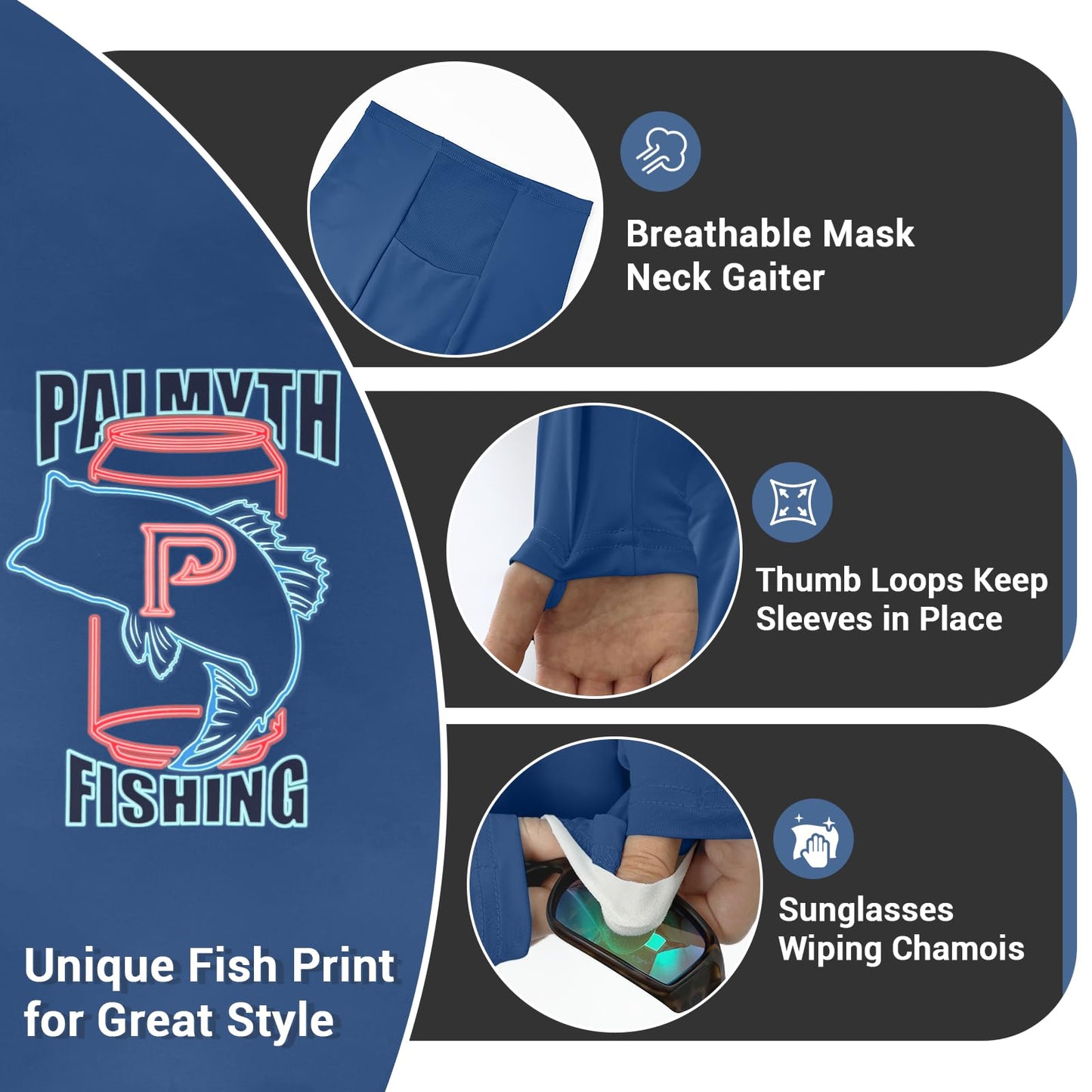 Palmyth Mens Fishing Shirts UV Sun Protection Vented Hoodie Long Sleeve with UPF 50+ Neck Gaiter Navy Ice Bass X-Large