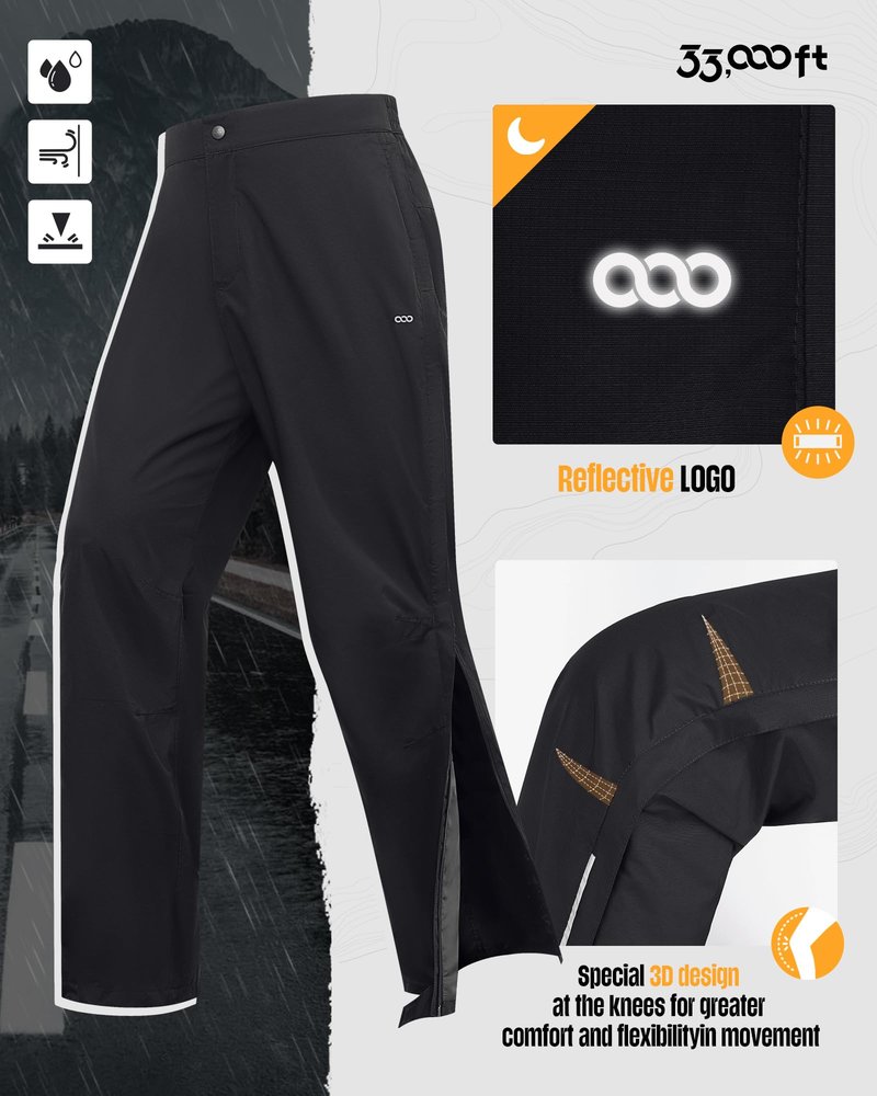 33,000ft Women's Full Zip Rain Pants Lightweight Rain Over Pants Windproof Outdoor Hiking Fishing Golf Black