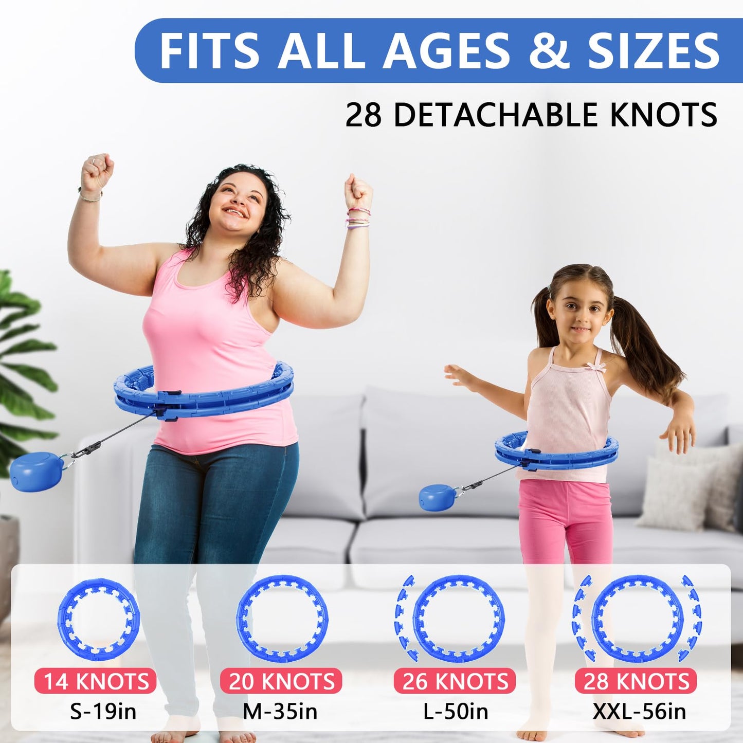 Leann L!fe U1-30 Knots Waist 19"-61”, Upgraded Magnetic Lock Weighted Hula Hoop for Adults Weight Loss, Infinity Hoop Plus Size, Children Adult Home Outdoors, Abdominal Toner, Blue