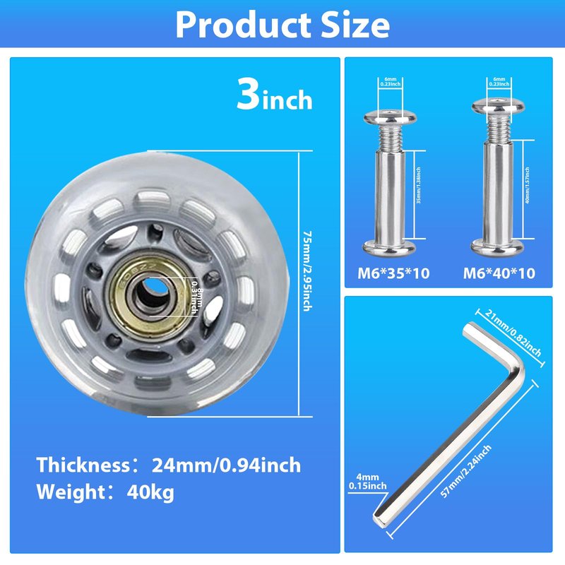 3 Inch Inline Skate Wheels with Bearings, Washers and Wrenches Complete Repair Set for for Indoor Outdoor (4)