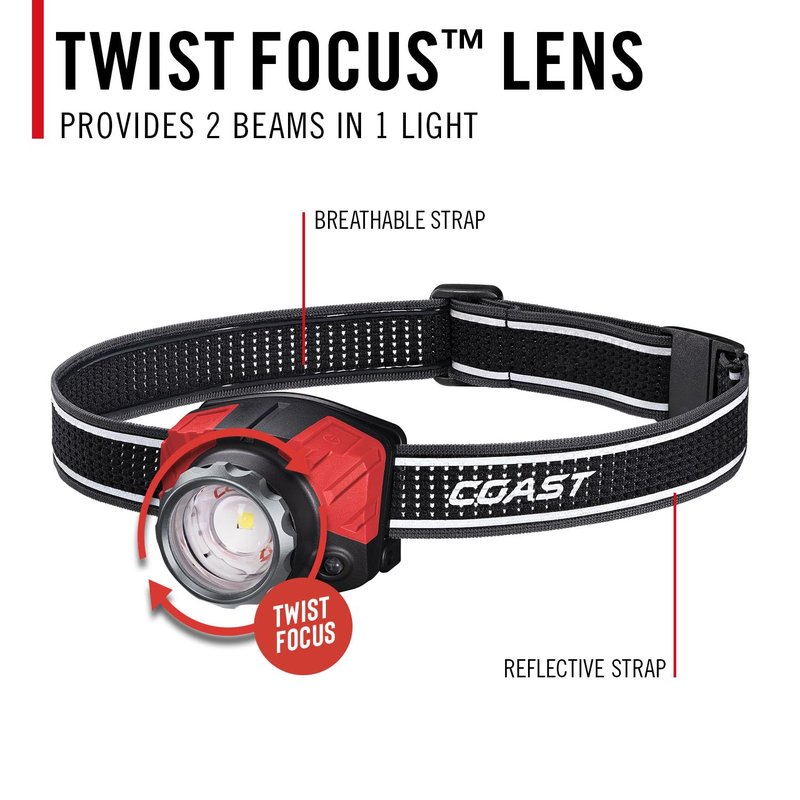 Coast® FL85R 1000 Lumen Tri-Color (White/Red/Green) Focusing Rechargeable LED Headlamp, Built-in Rechargeable Battery