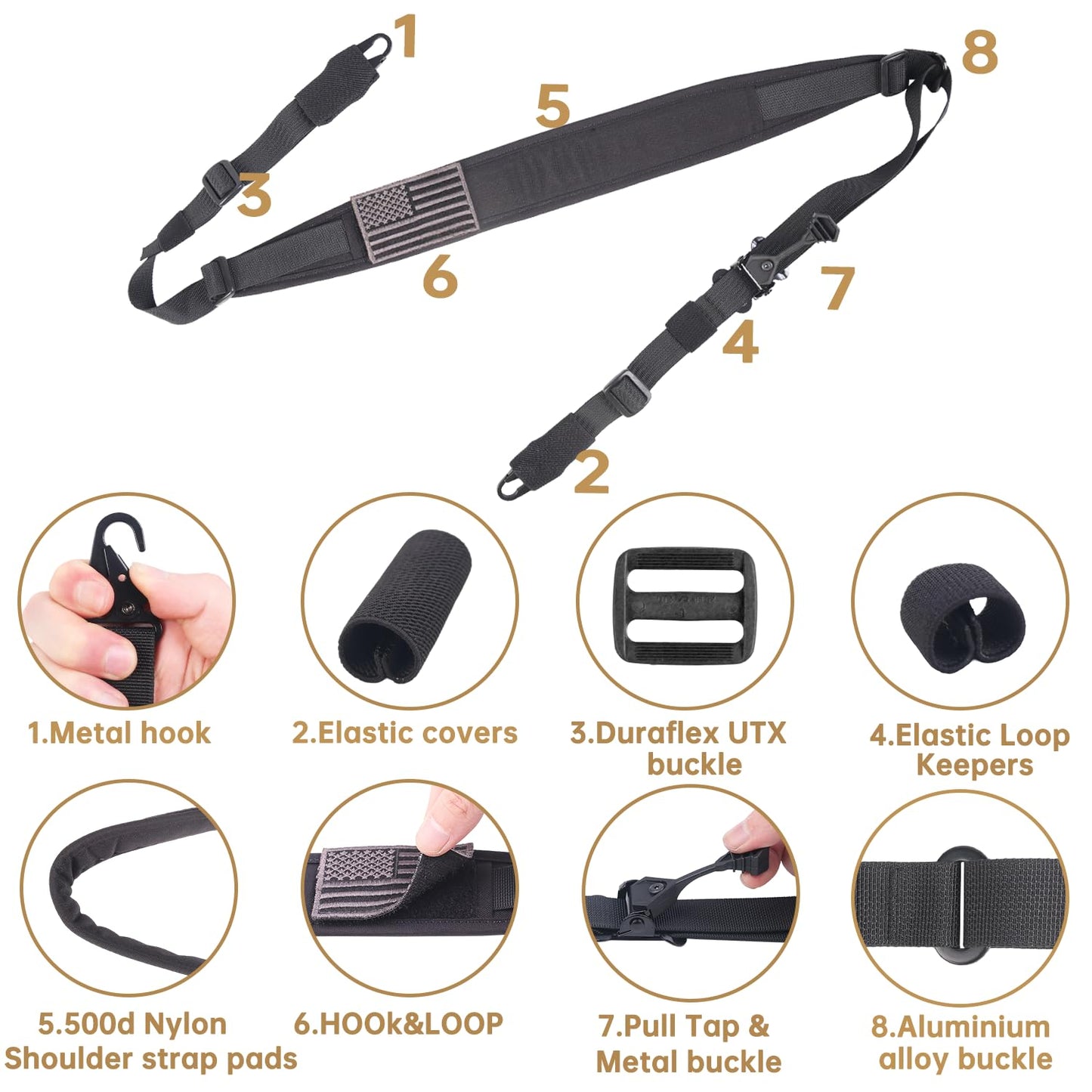 XTACER 2 Point Traditional Sling, Two Point Adjust Rifle Sling with US Flag Patch, Swivel, Soft Shoulder Pad (Black, L)