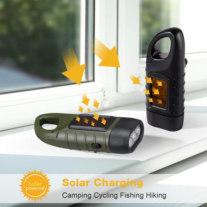 Mudder 4 Pack Hand Crank Solar Powered Flashlight Emergency Rechargeable LED Flashlight Survival Gear Self Powered Charging Torch for Hiking Backpack Outdoor Sports Camping(Green, Black)