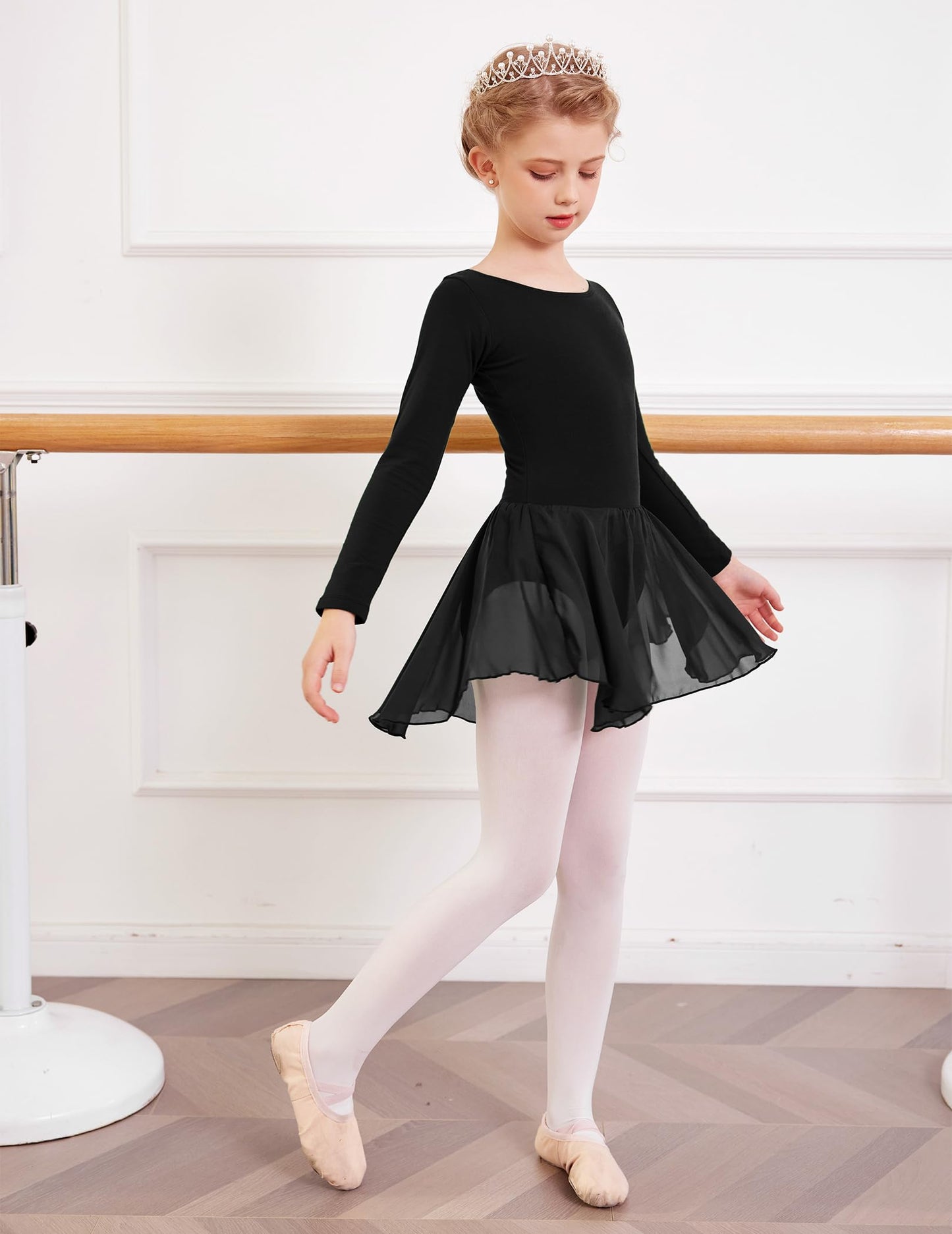 Arshiner Kids Girls Classic Long Sleeve Leotard Dance Ballet Dress, Black, 140(Age for 6-7Y)