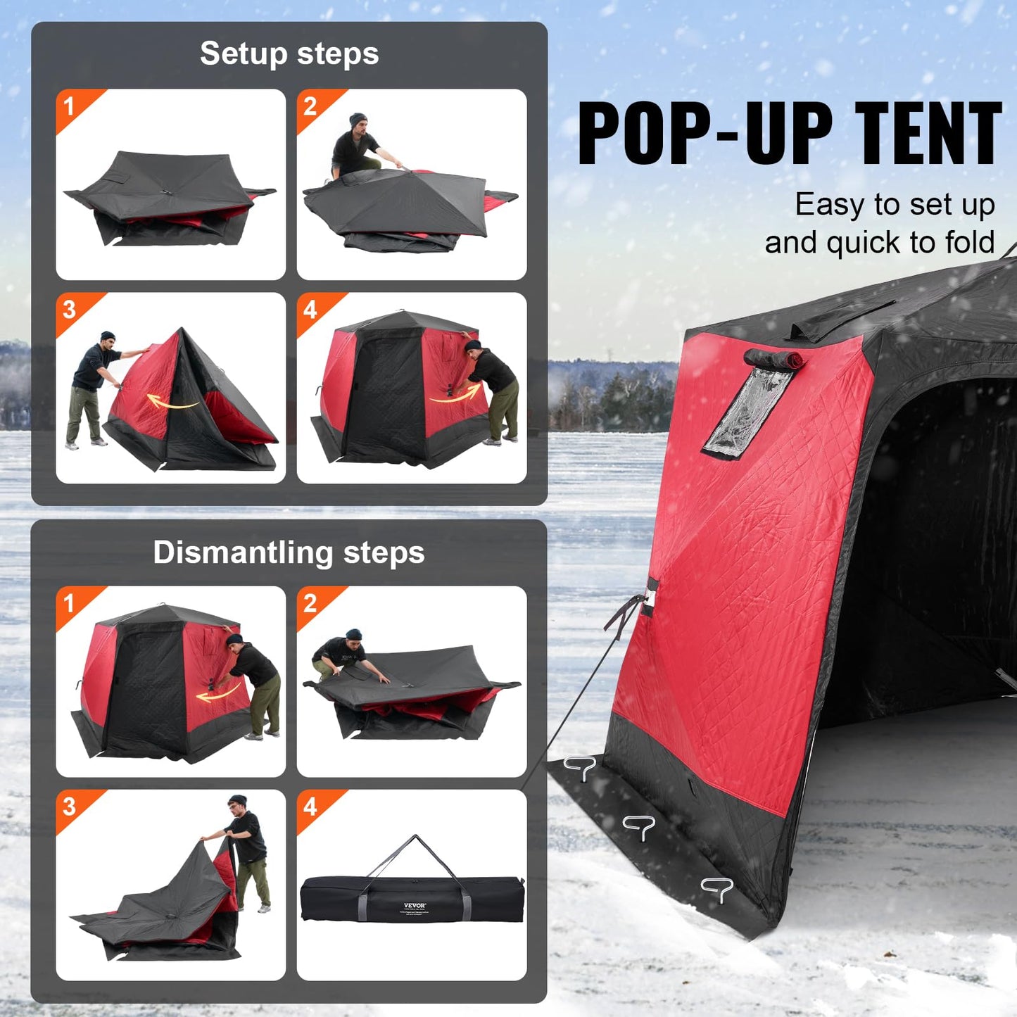 VEVOR Portable Pop-Up Fishing Tent, 24 sq ft Ice Shelter - Hub-Style for Winter Fishing - Waterproof Oxford Shanty with Anchors/Ropes/Bag, 60" x60