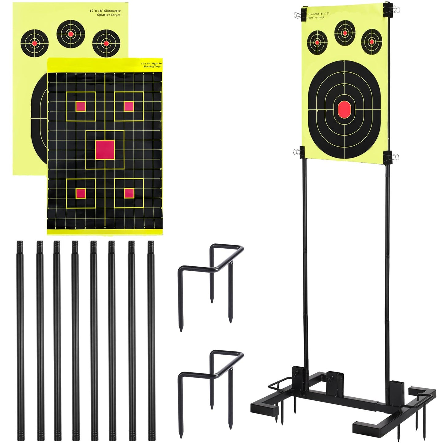 Shooting Target Stand Set, Adjustable Shooting Target Stand with 10pcs Paper Targets, Two Mounting Options for Outdoors, Stable Paper Holder with Metal Poles and Ground Nails (Black)
