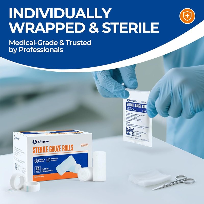Sterile Gauze Rolls - 2" x 4.1 Yards, Latex-Free Stretch Bandage | Pack of 12 with Bonus Tape for Dressings & Splints