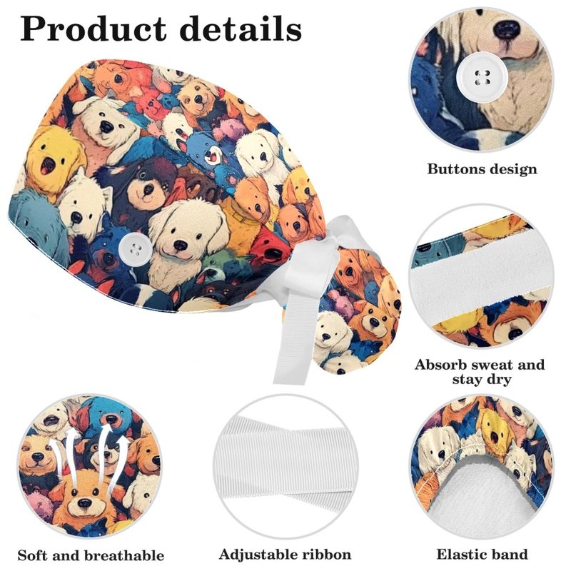 Scrub Caps Women with Button,Adjustable Bouffant Surgical Caps with Ponytail Pouch,Colored Cartoon Seamless Dogs Working Cap with Bow