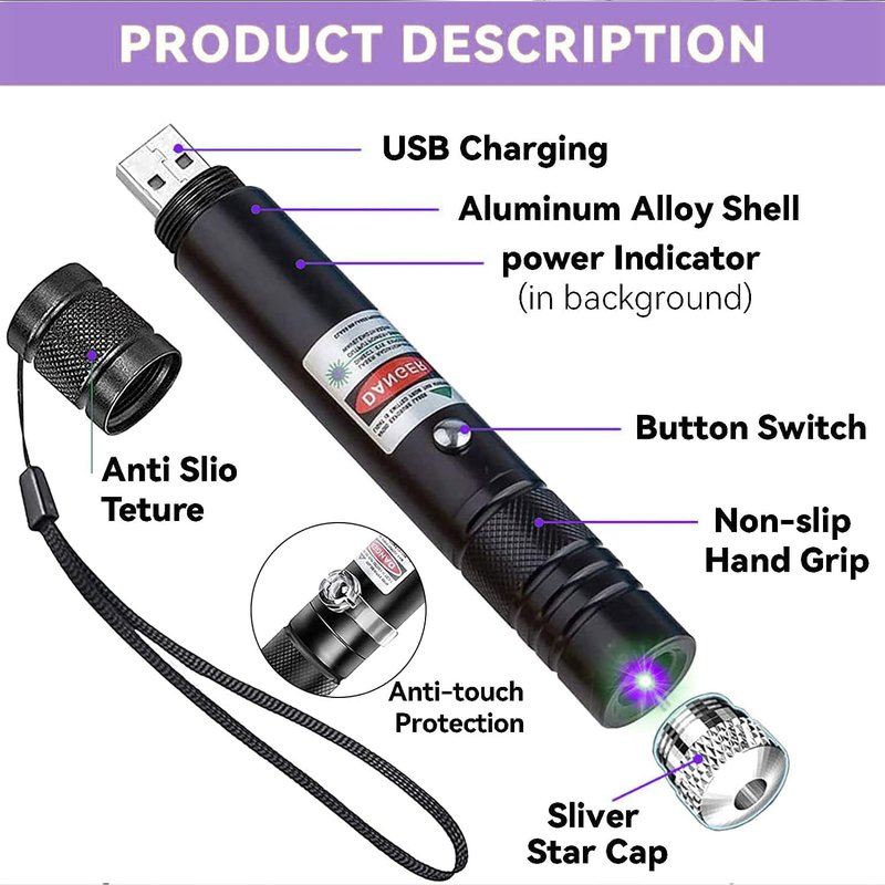 Laser Pointer, Purple Laser Pointer Indicator Light, Long Range Lazer Pointer for Hiking, USB Charge flashlights