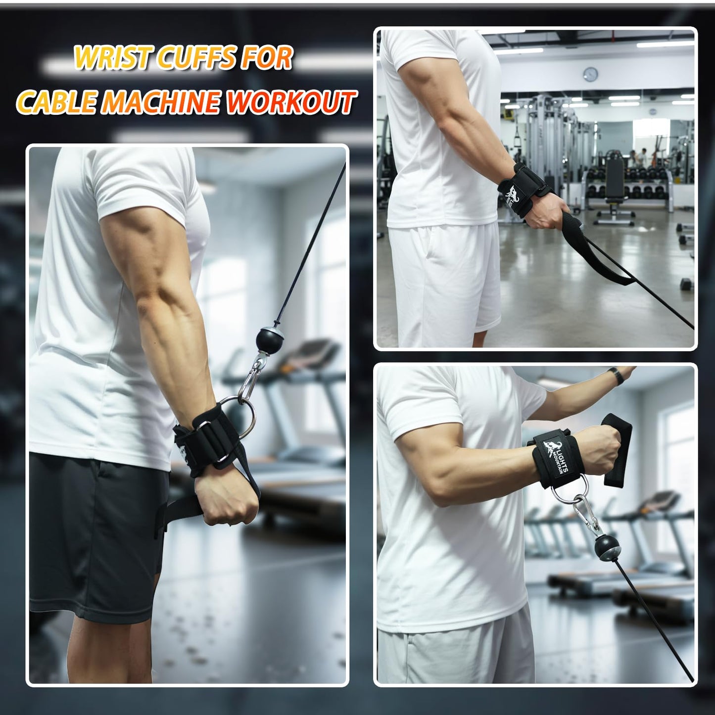 Lights Mountain Adjustable Wrist Cuffs Weight Lifting Straps with Sliding D-Ring – Heavy Duty Gym Attachments for Cable Machines, Pull Downs, Triceps & Biceps Training