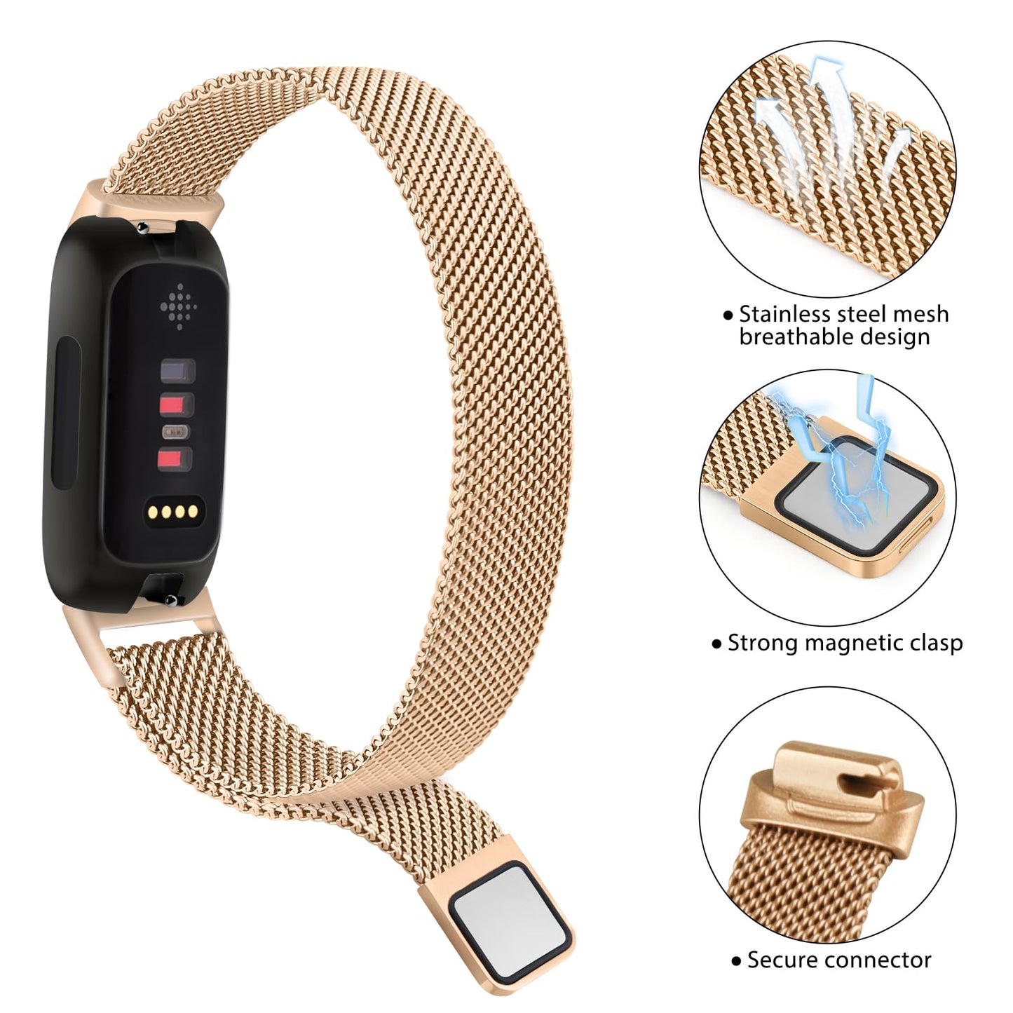 MVSSAT Metal Bands for Fitbit Inspire 3 Women Men, Stainless Steel Mesh Breathable Wristband Strap with Adjustable Magnet Lock (Rose Gold)
