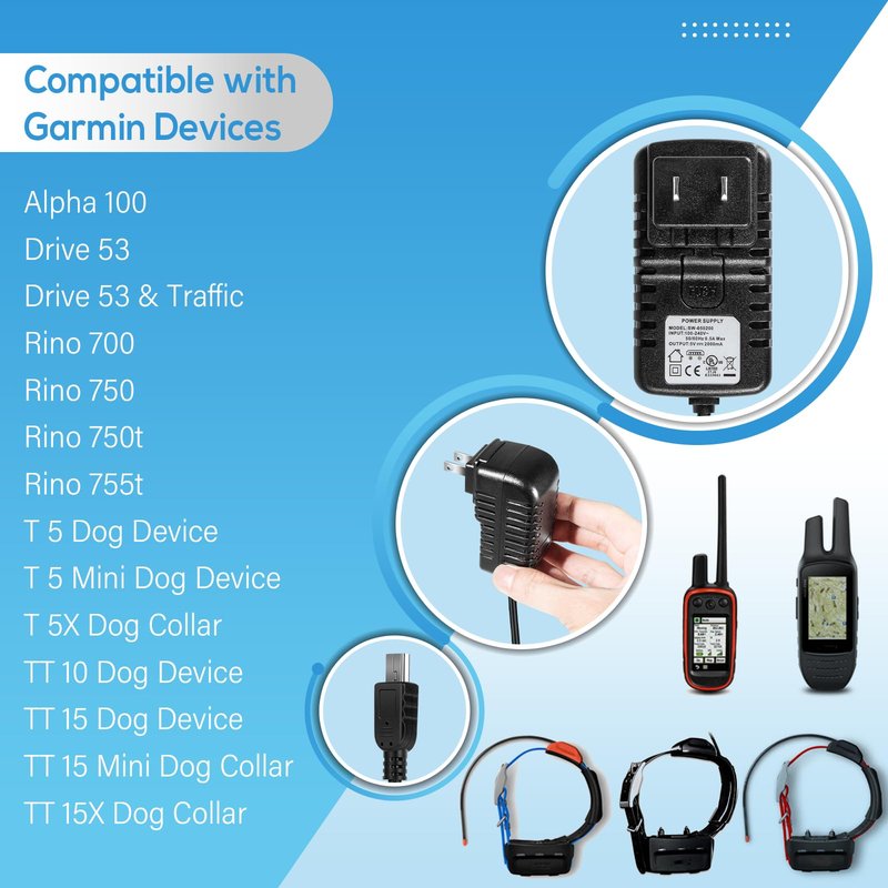 010-11873-00 AC Power Adapter Cable USB Cable Fits for Garmin Alpha 100, Drive 53, Rino 700/750/755T, T 5/5X, TT 10/15/15X Dog Device