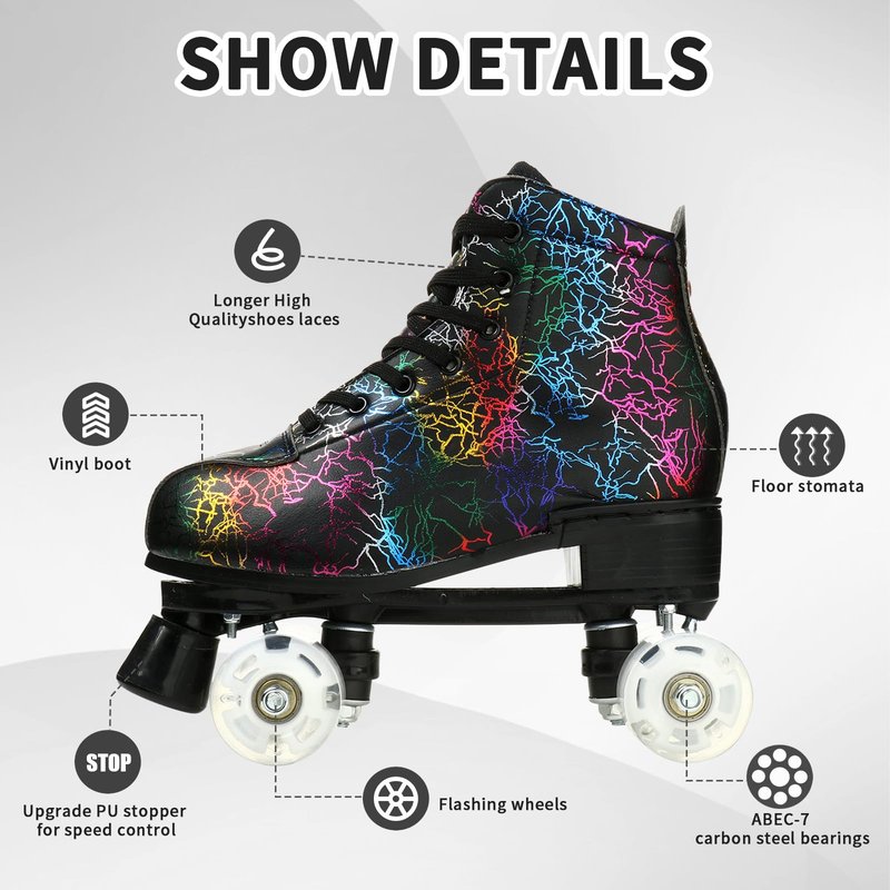 Women's Roller Skates Light Up Wheels, Leather Adjustable Double Row Rolling Skating Illuminating Derby Skate Illuminating for Teens and Youth (Lightning Black Flash Wheel,41)