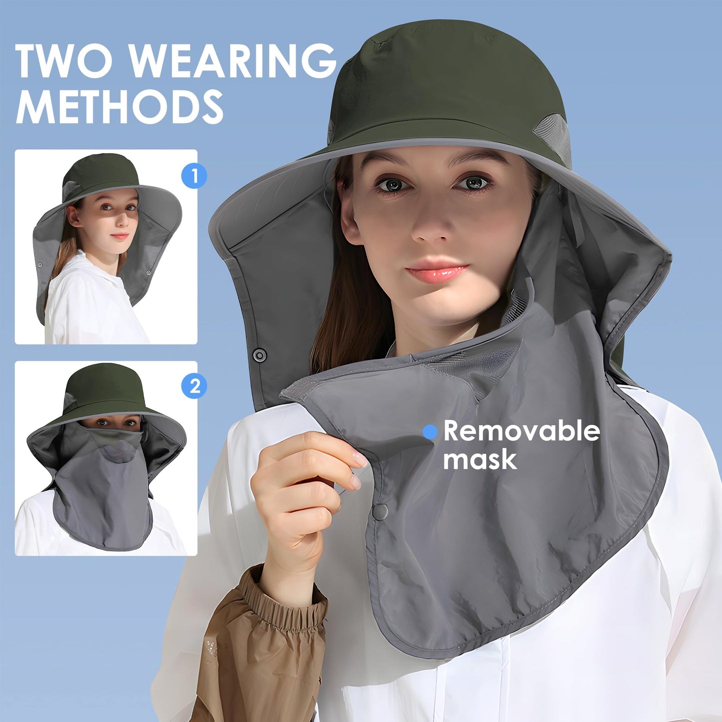 Outdoor Sun Hat Detachable Neck Face Flap UPF 50+UV Protection Visor Fishing Hats with Neck Flap for Men & Women Green