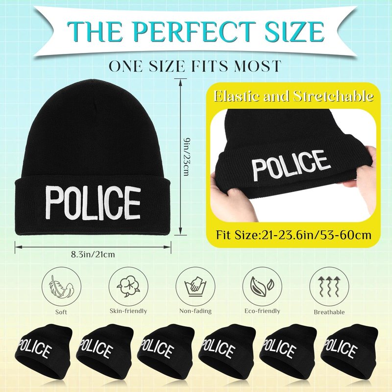 Panitay 6 Pcs Cuffed Beanie Knitted Beanie Hat Embroidered Hat Black Winter Skull Cap for Men Women (Police)